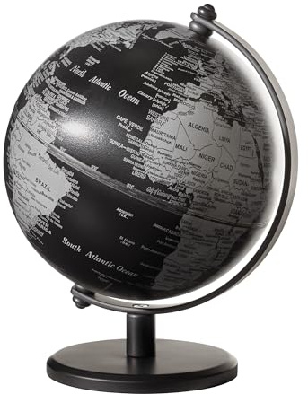 TROIKA Globus Mini Ø 13 cm GAGARIN Globus schwarze Meere & matte silberfarbene Landflächen, schwarzer Metallfuß, weicher Filzboden, bewegliche Achse - im hübschen Karton ideal zum Verschenken
