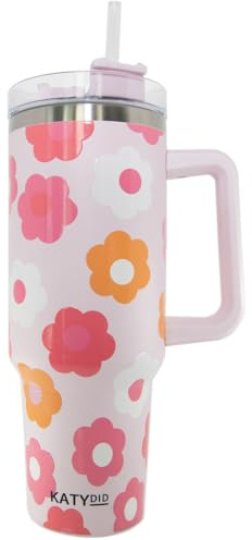 KATYDID Bicchiere da viaggio in acciaio inox da 1180 ml, con manico e cannuccia, per tutto il giorno, caldo o freddo, per acqua o caffè freddo, lavabile in lavastoviglie, regalo perfetto per la mamma