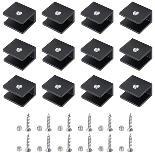 Bebochoi 12 Pezzi Supporto Vetro Morsetto, Staffa Reggimensola in Vetro Regolabile, Mensole in Vetro di Alluminio Clip di Vetro, per Vetro Spesso 6-8 mm, per Mensola da Bagno ecc (Con Viti, Nero)