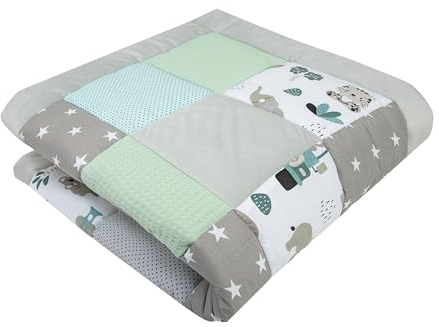 Medi Partners Krabbeldecke für Baby Spielmatte 100% Baumwolle Krabbelmatte - 120x120cm Krabbeldeck Dick Weich Decke Laufgittereinlage Babydecke Minky Waffel Spielbogen (Mint Zoo)