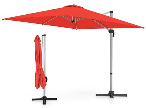 KOMFOTTEU Ampelschirm rechteckig, Sonnenschirm mit 360° drehbar, 3 x 3 m Gartenschirm mit Kreuzbasis, Terrassenschirm für Balkon, Schwimmbäder (Rot)