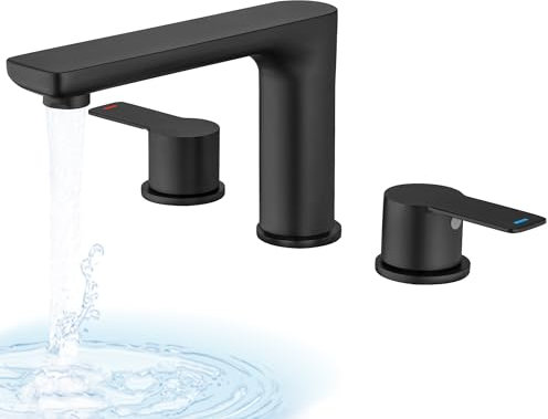 SUBEIXI Roman Tub Faucet Deck Mount Bathtub Faucets 3 Holes 2 Handles Widespread Bath Tub Filler Tub Faucets with Valve, Matte Black