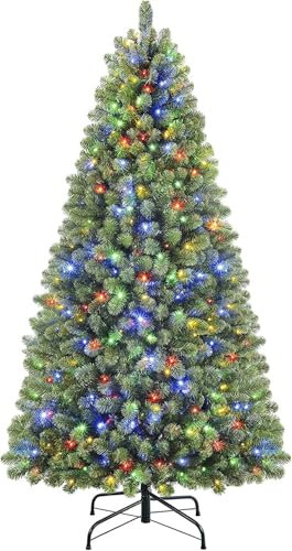 SHareconn 229 cm Arbol de Navidad Artificial con Luces Led, con 1264 PVC Puntas de Rama, con 470 Luces Blancas Cálidas & Multicolores y 8 Modos de luz, Soporte de Metal Plegable, Montaje Rápido