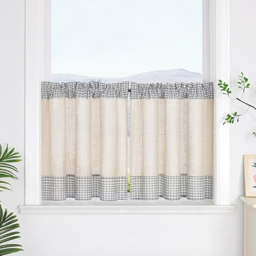 SCHOAL Scheibengardine mit Tunnelzug Leinenoptik Fenstergardine mit Karo Landhaus Kleinfenster Gardine Kariert 1 Stück HxB 60x90 cm Grau