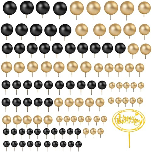 109 Pcs Black and Gold Cake Decorations, 5 Size Ball Topper Set for Birthday, Wedding, and Anniversary Supplies