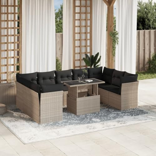 Homgoday Gartenmöbel-Set, 10-teilig, mit Kissen, hellgrau, Polyrattan, Möbeldekor, Set aus Schlafsofa, Wohnzimmer, Couch, modernes Sofa-Set für den Außenbereich für den Garten, Modell 3266822