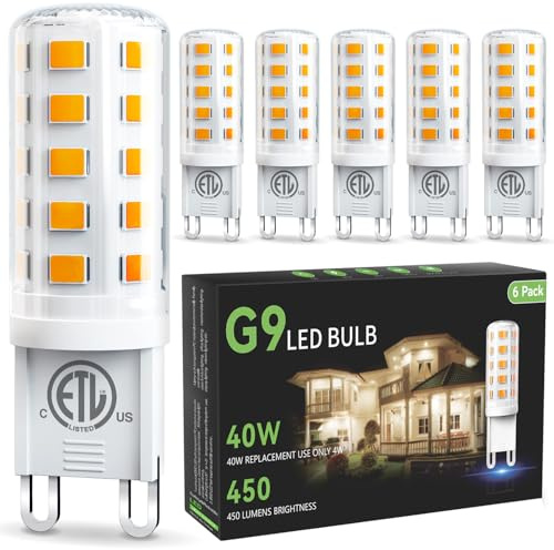 VOLIVO G9 LED Bulb 4W, 40W T4 G9 Halogen Replacement, 2700K Warm White, Ceramic Bi Pin Base, No Flicker 120V 450 LM 360°Beam Angle, G9 Light Bulbs for Chandelier, 6 Pack, Non-Dimmable