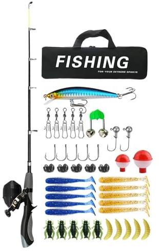 Angelset für Angelrute für | Angelset mit tragbarer Ausrüstungsbox – Kombi-Set Angelrute und Teleskoprolle 1,6 m / 5,25 Füße, mit Köderbox, Tasche