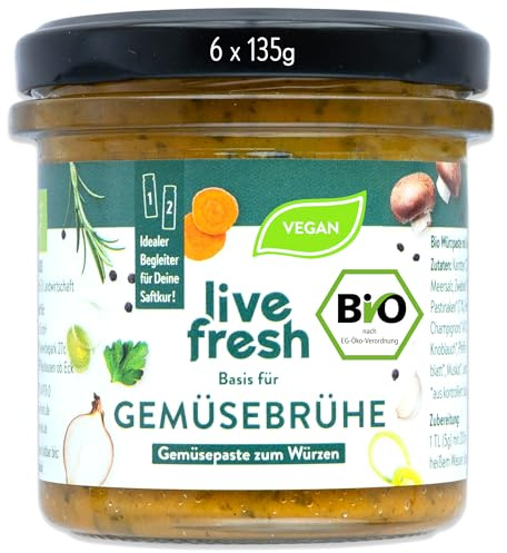 LiveFresh BIO Gemüsebrühe | 6 x vegane Gemüsepaste (135g) ohne Glutamat und Zusätze | Glutenfreie Alternative zur Brühe aus Pulver | Aus Karotten, Sellerie, Zwiebeln, Lauch & Ingwer | DE-ÖKO-006