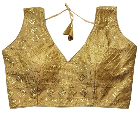 IMTRA FASHION Indisk färdig Tussar Silke Sari Blus för Kvinnor Crop Top Choli, Guld, 60