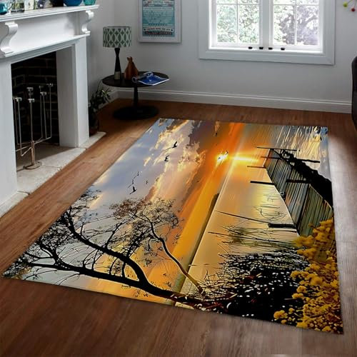 HOBBOY Sonnenuntergang Bereich Teppich Fliegende Vögel Türmatte Indoor Boden Teppich Wohnzimmer Esszimmer Teppich Natürliche Landschaft Badezimmer Teppiche 60 x 100 cm