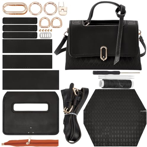 WADORN DIY Nähset Für Handtaschen Aus PU Leder Kit Zur Herstellung Einer Clutch Mit Karomuster Für Damen DIY Umhängetaschen Aus PU Leder Zum Selbermachen von Taschen 26x8.5x18cm Schwarz