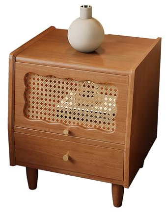 Mesita de Noche rústica de Madera con 2 cajones y Puertas de ratán y Vidrio en Color Madera de Cerezo Ideal para la decoración del Dormitorio