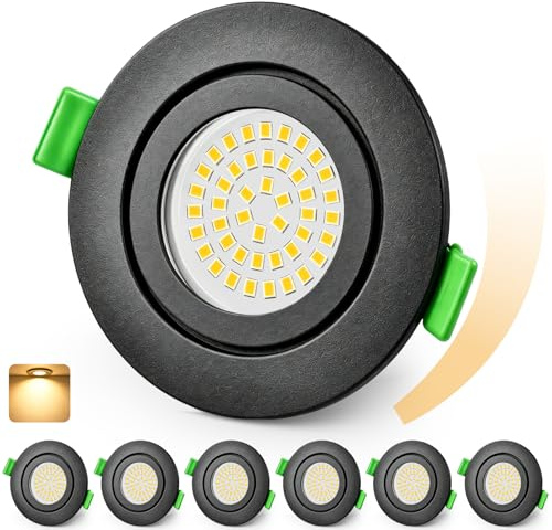 KYOTECH LED Einbaustrahler 230V Dimmbar 65-75mm Ultra Flach LED Spots 5W IP65 Bad Einbauleuchten Deckenspots Warmweiß 2700K Einbauspots für Badezimmer Wohnzimmer, Schwarz 6er Set (Nicht Drehbar)