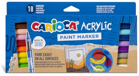 CARIOCA Acrylic Paint Markers for Easy Painting on All Surfaces - Brush Tip, High Coverage Water-Based Ink, Non-Drying (Box of 18 Acrylic Markers)