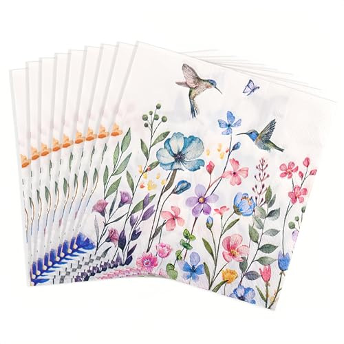 40 Stück Servietten Blumen (25 x 25 cm) - Frühling Papierservietten mit Bunt Gänseblümchen & Vögel Muster - Aus Natürlichem Holzbrei, Umweltfreundliche Pflanzenfarbe für Kinder Geburtstage