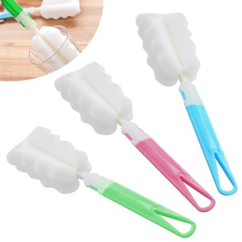 3 Pack Cup Cleaning Brushes, Soft Dishwashing Foam Cleaning Brushes, Silicone Bristles & Ergonomic Handle, Dishwasher Safe Reusable Scrubber for Mugs, Glasses, Bottles