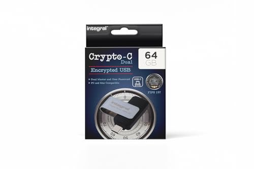 Integral 64GB Crypto-C Dual Encrypted USB Flash Memory Drive, AES-XTS 256-Bit Hardware Encrypted USB 3.2 with Secure Dual Password - Certified to FIPS 197, Compatible with Mac, MacBook, PC, laptop