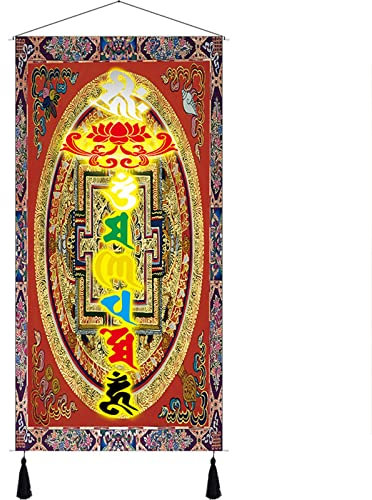 Rullmålning,Rullpapper Väggdekor hängande ornament, Buddhism Scroll-målning med Om Mani Padme Hum, kinesiska dekorationer for hem, vardagsrum, veranda
