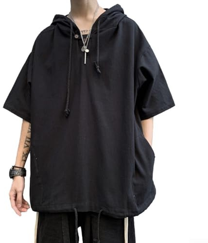 Lecreatekit Casual Korean Style Hooded T Shirt for Men with Oversized Fit for Relaxed Wear (2XL Black)