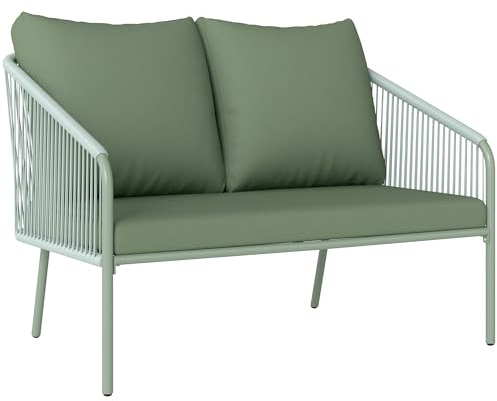Outsunny Gartensofa 2-Sitzer Rattansofa mit Kissen Loungesofa Sitzgruppe, Wetterfest Couch für Garten Terrasse Balkon, Poly Rattan Grün