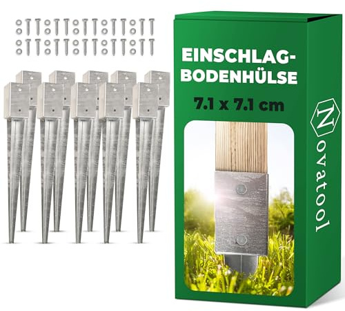 Novatool 10x Einschlagbodenhülsen-Set 71x71x750mm Bodenhülse Sonnenschirm Pfostenträger Zaunpfosten Holzpfosten Bodenhülsen Einschlaghülse Bodenanker Erdspieß zum Einschlagen, verzinkt, mit Schrauben