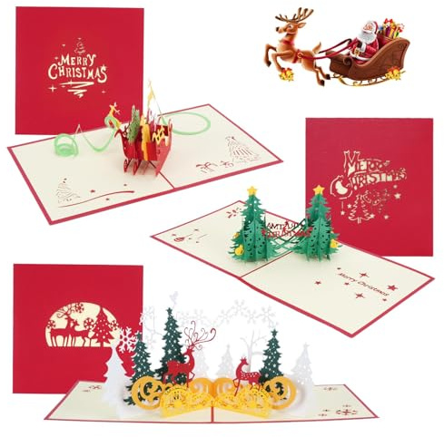 Fairblo 3 Pezzi Cartoline di Natale, Biglietto di Auguri Pop-up 3D per Natale Biglietti d'auguri per Regali Natale Albero Renna Cartoline d'auguri