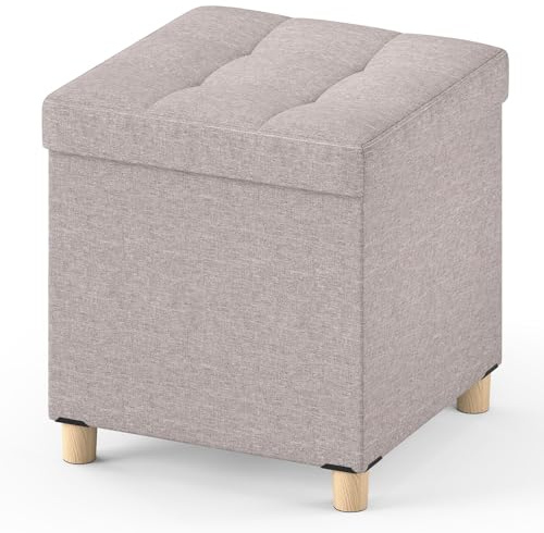 GIANTEX 45 cm Cubo di Stoccaggio Piccolo, Pouf Pieghevole in Tessuto Lino con Piano Tavolo e Gambe Sollevate, Poggiapiedi Multifunzionale e Pieghevole per Soggiorno, Ingresso, Casa (Beige)