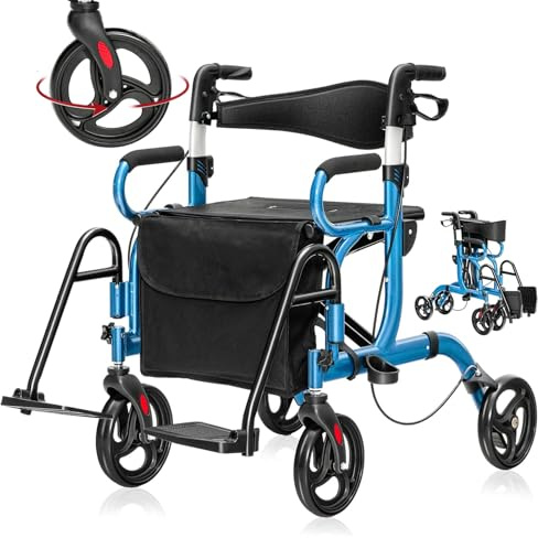 RELAX4LIFE Déambulateur 4 Roues Pliable Léger Aluminium, Poignée Réglable 87-99 CM, Rollator Adulte, Dossier Réversible, Siège, Repose-Pieds, Porte-Canne, Charge 160 KG pour Agés Handicapés (Marine)