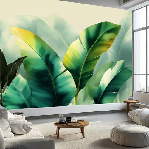 Carta da parati fotografica in tessuto non tessuto Stile Acquerello, decorazione murale Piante Tropicali Foglie Di Banano per soggiorno camera da letto e ufficio 200 x 140 cm