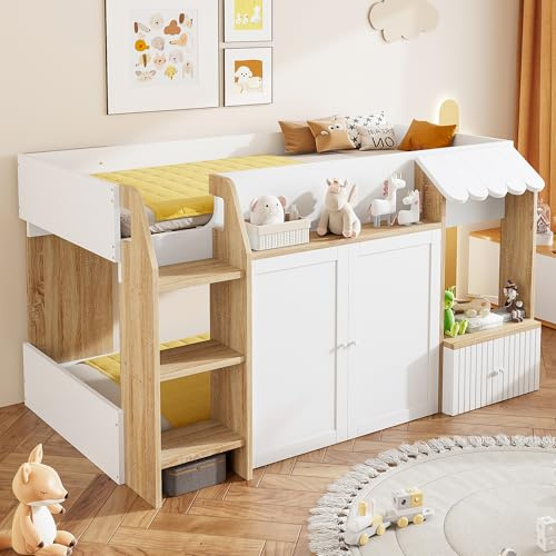 TOBIDOEN Kinderbett Halbhochbett 90x200 cm mit Leiter, Etagenbett mit Offenem Raum, Als Spielecke oder Schlafbereich Nutzbar, Flügeltüren und Stauschränke, Ohne Matratze, Weiß+Holzfarbe