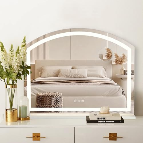 LSLIFE Hollywood Premium Luxus Silber Explosionssicherer Kosmetikspiegel, Ultra HD, Augenschutz, Touchscreen-Steuerung, 3-farbige LED-Lichter, Schlafzimmer, Umkleideraum verfügbar (Gebogen 50 * 40cm)