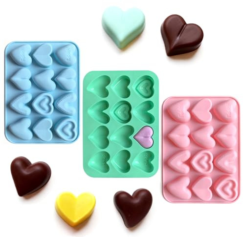 3 Piezas Moldes Chocolate Silicona,Multifuncional Moldes de Silicona en Forma de Corazon, Reutilizable Antiadherente Molde de Chocolate para Gelatina,Pasteles,Cubitos de Hielo Rosa Azul Verde