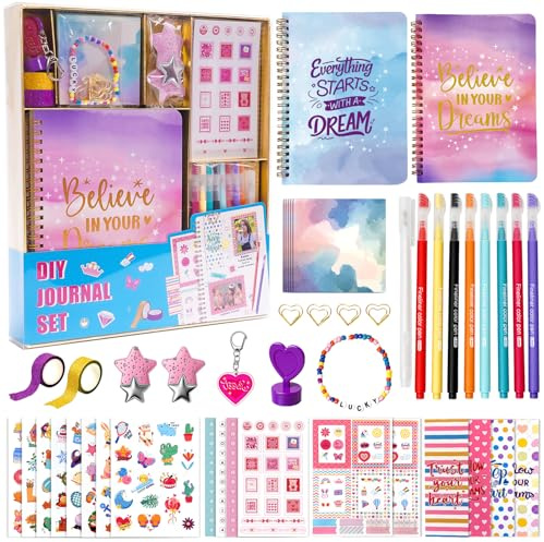 GUYUCOM Scrapbook-kit för flickor, gör-det-själv-dagbokset för barn, söt dagboksgåva för flickor ålder 8-12, kreativ journalföring kit med klistermärken, pennor och tillbehör, allt-i-ett brevpapper