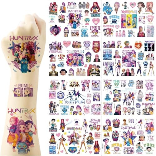 8 Feuilles Tattoos Temporaires Hunters pour Enfants, Autocollants Décoratifs Film Hunters, Cadeaux d’Anniversaire pour Filles et Garçons, Récompenses de Classe, Carnaval, Noël