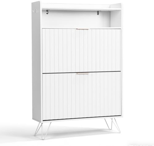 LEADZM Schuhschrank Schmal,Schuhkipper 80x24x120cm Weiß | mit 2 Flip-Schubladen Schuhregal für den Eingang, Flur, Wohnzimmer