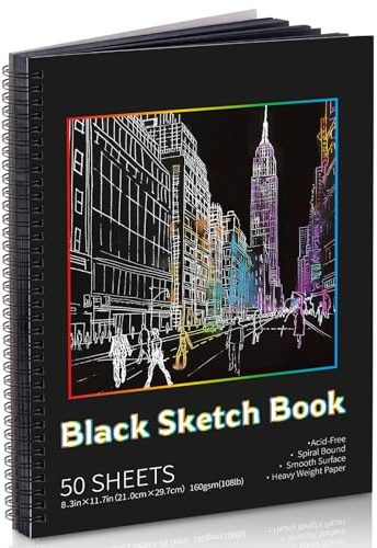 Wsicse A4 Skizzenbuch, Schwarzes Papier, 50 Blatt, 160 G/M² | Säurefreies 160 G/M² Papier, Spiralbindung, Abtrennbare Seiten, Für Buntstifte, Kreide & Metallic Marker