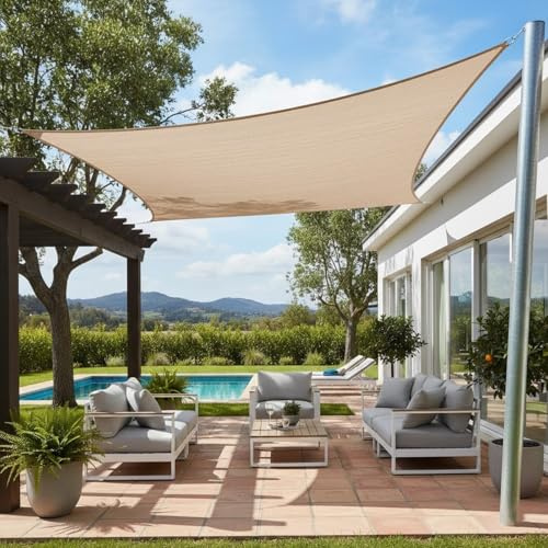 Toldo Vela Rectangular, Vela de Sombra HDPE, 185GMS, Transpirable | Resistente, 98% Protección Rayos UV Toldos para Patio, Exterior, Jardín, Terrazas(Sand,2x5m(6.6'x16.4'))