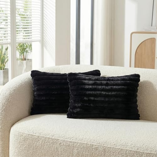 Neelvin 2er Set Dekorative Flauschig Plüsch Kissenbezug Gestreifte Künstlich Pelz Kissenbezüge Kissenhülle Dekokissen Zierkissenbezüge Sofakissen für Couch Sofa Wohnzimmer 30x50cm Schwarz