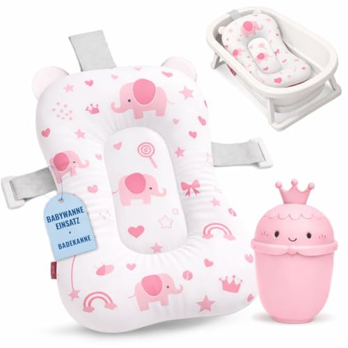 BABYBEBLOO Cojín Bañera Bebé con Jarra – Reductor Baño Recién Nacido – Almohadilla Suave y Antideslizante – Colchoneta Universal para Bebés – Secado Rápido, Blanco Azul (Elefante Rosa)