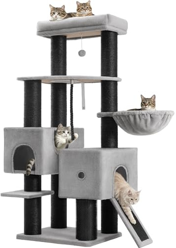 Fobyfurny Kratzbaum Groß, 160 cm Katzenbaum für Große Katzen, Hellgrau | 11 cm Dicker Sisalpfosten, 2 Höhlen, Geräumige Plattform, Kratzbrett, Körbe, Fellpflegepfosten Katzenkratzbaum FPMS017FG1