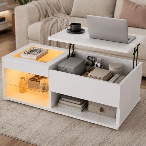 AYIYILA Mesa de Centro Elevable con LED, Blanco Brillante, Mesa de Café Moderna con Almacenaje,Compartimentos Abiertos y Estantes de Cristal, 100x55x35 cm, para Salón Pequeño