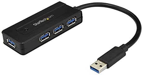 StarTech Hub USB 3.0 de 4 Puertos, Bus o Autoalimentado, Negro (ST4300MINI) | Concentrador portátil Tipo A con carga rápida BC 1.2, SuperSpeed, Adaptador de corriente incluido