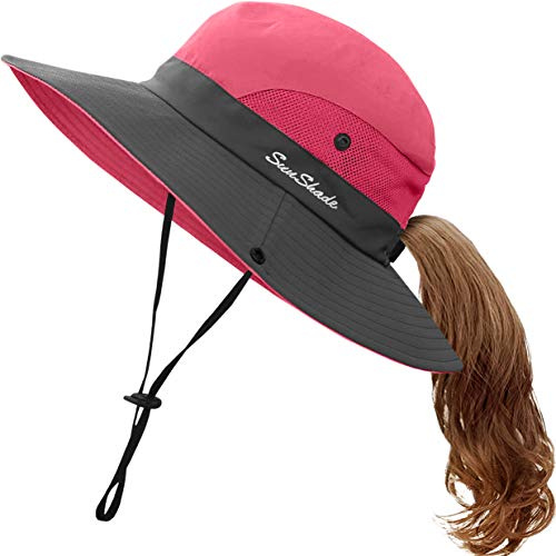 Kids UV Sun Hat with Ponytail Hole UPF 50 Bucket Cap for Girls Summer Beach ? Fishing (M:5-12T(Head circumferences 20.6''-21.8''), Watermelon Red)Medium