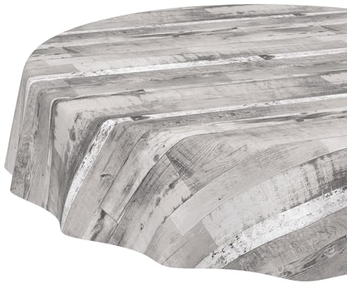 ANRO Tischdecke rund ohne Einfassung – Holzoptik Grau Weiß – abwaschbares PVC-Wachstuch – stilvoll & alltagstauglich 140 cm (Rund)