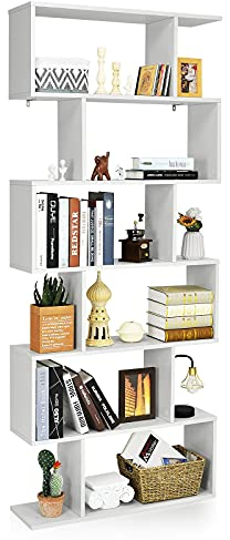 GIANTEX Bücherregal 6 Ebenen, Standregal Büroregal Holz, Aktenregal freistehend, Ausstellungsregal Lagerregal schmal im Industrie Design, Holzregal Allzweckregal in S-Form (weiß)