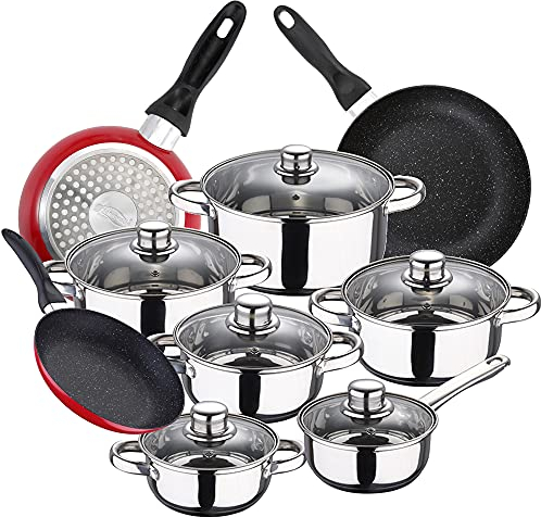 Bateria de cocina 12 piezas SAN IGNACIO Cassel, acero inoxidable, con juego sartenes (16/20/24 cm) SAN IGNACIO Red&Marble en aluminio prensado