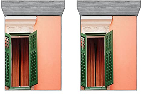 ABAKUHAUS Land 2er-Satz Spannbetttuch, Alte Retro Haus Fensterläden, Soft Dekorativer Stoff Bettwäsche Rund-um Elastischer Gummizug, 150 cm x 190 cm, Orange Grün Weiß
