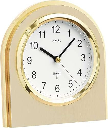 AMS 5197 Tischuhr - Funkuhr analog, halbrundes Design, Holzgehäuse mit Aluminium-Frontreif, weißes Zifferblatt mit arabischen Zahlen, leise zum Hinstellen, Maße: 13 x 13 x 6 cm