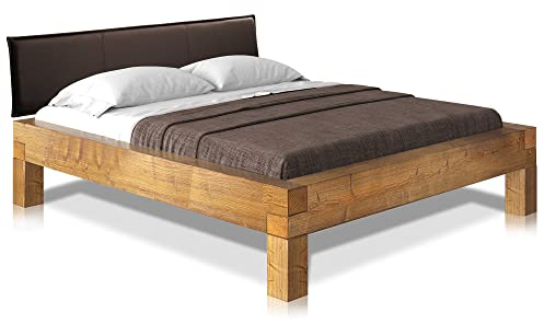 moebel-eins CURBY 4-Fuß-Balkenbett mit Polsterkopfteil, Material Massivholz, Thermo-Fichte